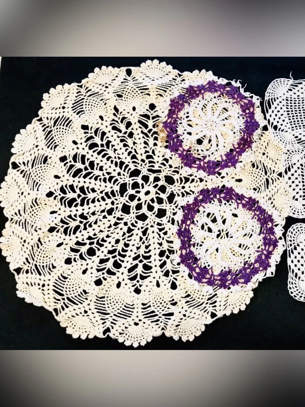 Vintage Hand Crocheted Cotton Set Of 6 Ivory & Purple Round & Rectangle Doilies